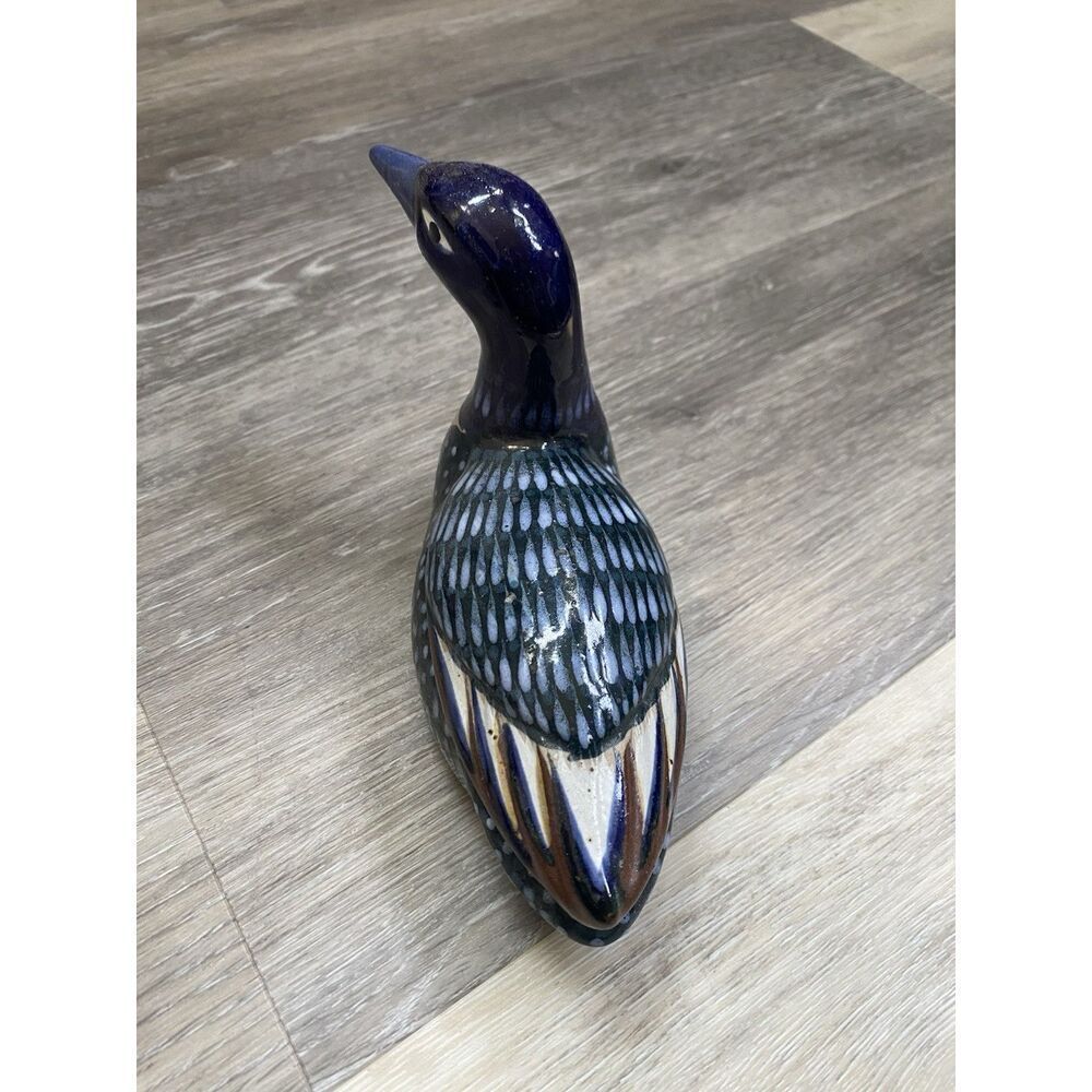 Vintage Mexican Art Pottery TONALA With Brass Duck 9” x 5” Hand Painted - Picture 4 of 9